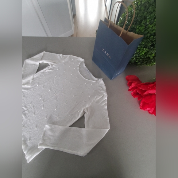 ZARA Beau tricot léger à manches longues blanc uni avec jolies perles - Picture 3 of 6